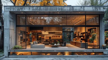 Contemporary retail storefront featuring extensive glass windows and minimalist interiors, framed by dark steel and concrete elements 