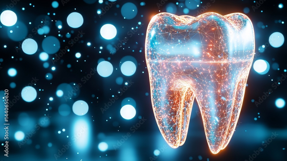 Poster glowing digital tooth with network of light nodes on blue bokeh background