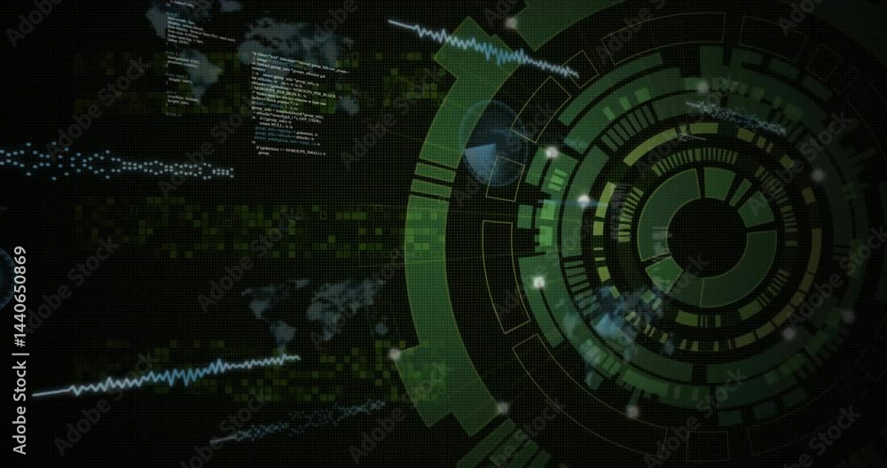 Aufkleber Green circular HUD interface rotating on right, showing code snippets, waveform, map in 3D render