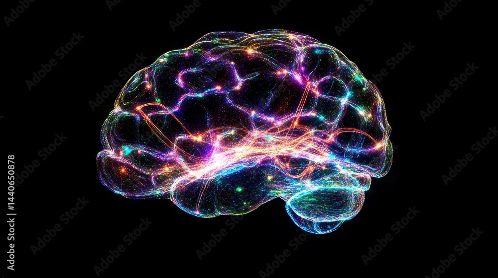 Poster colorful neural network brain visualization on black background