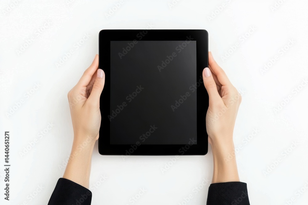 Aufkleber hands holding a black tablet device with a blank screen on a white surface in a studio setting