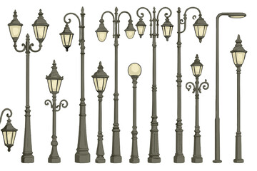 Various styles of street lamps showcasing vintage and modern designs for urban lighting solutions