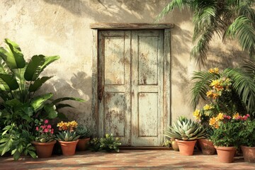 Fototapeta premium Vintage exterior doorway with tropical plants.