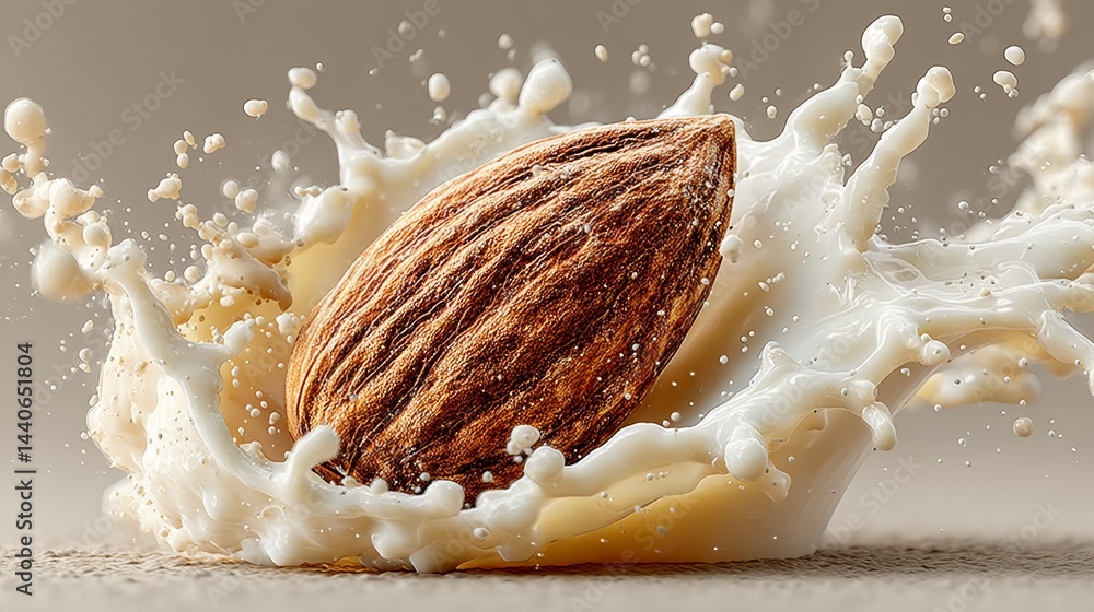 Poster close-up of almond splashing in milk with dynamic motion and droplets