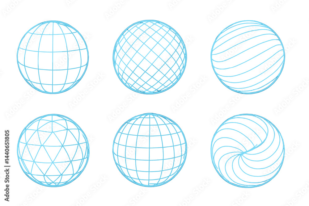 Poster various spherical grid designs showcasing different patterns and textures in a simple illustration s