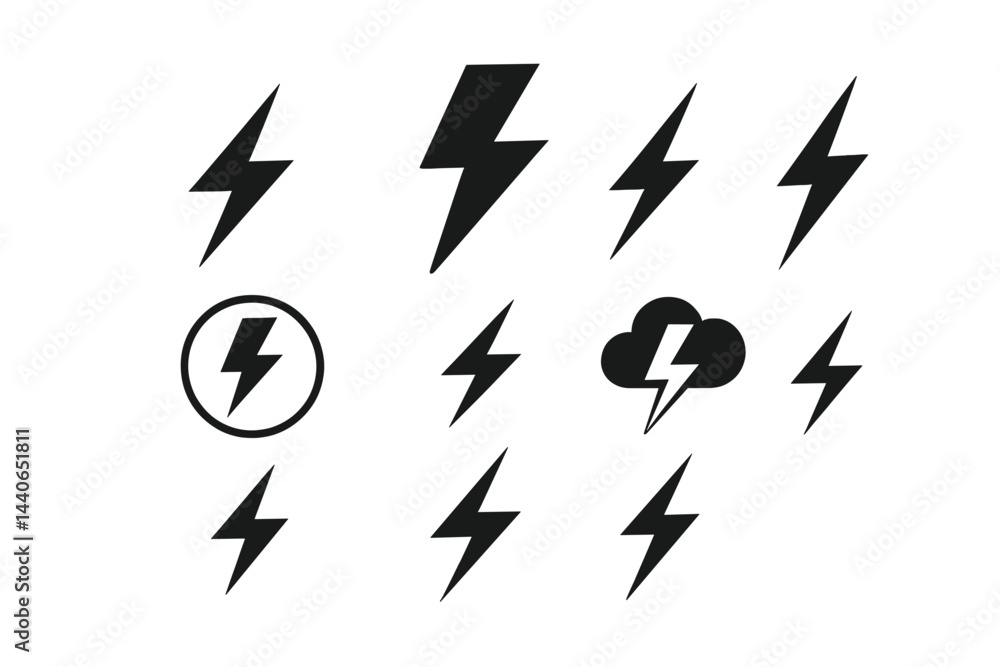 Poster various lightning bolt symbols in different styles and formats presented on a clean white background