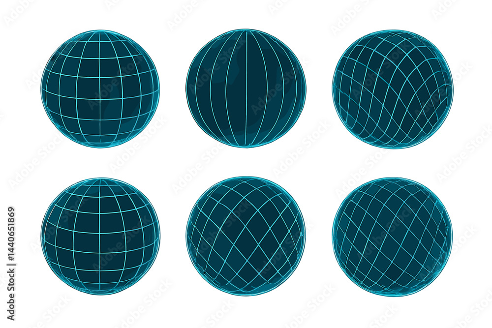 Poster geometric spheres with grid patterns displayed in various orientations against a white background