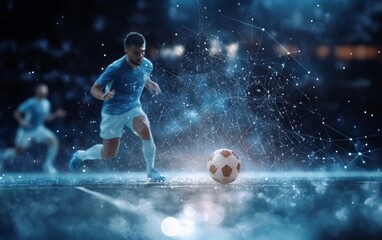 Naklejka premium Dynamic Soccer Player in Action with Futuristic Digital Effects