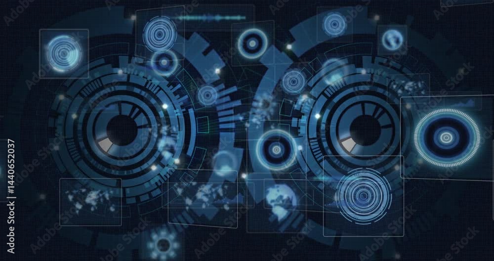 Poster two large concentric hud circles glowing, showing data flow and node connections over dark grid