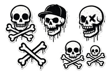 Various skull and crossbones designs featuring urban art elements in black and white