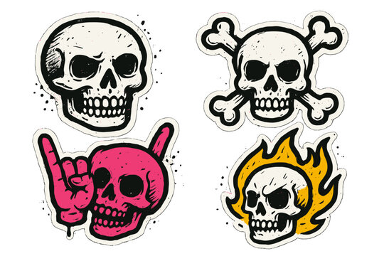 Skull stickers featuring vibrant designs of skulls, bones, and flames in a playful style