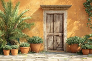 Sunny facade of a vintage building with decorative plants.