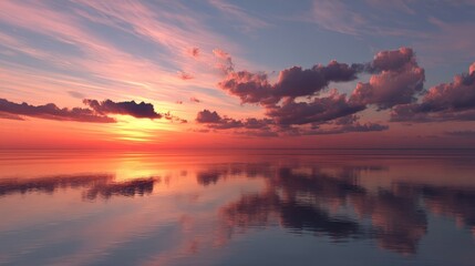 Fototapeta premium Vibrant sunset over tranquil ocean with reflections of colorful clouds