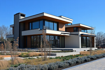 Modern house with large yard, walkway.
