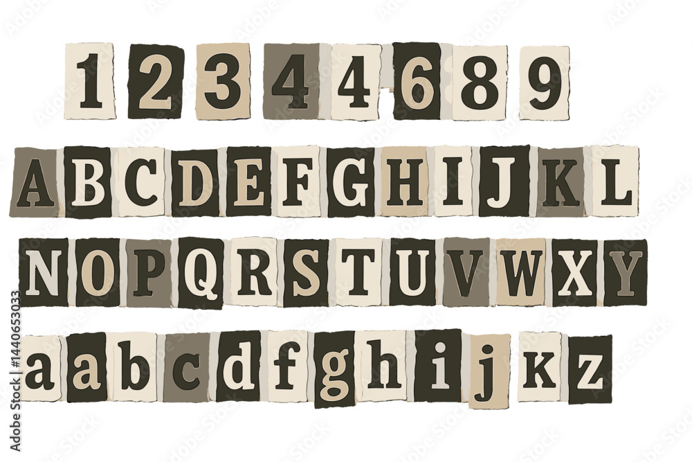 Poster collage of colored letters and numbers on a textured background showcasing typography and design fea