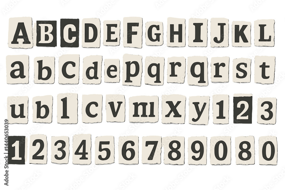Poster alphabet and number blocks arranged in a pattern with vintage style on a white background