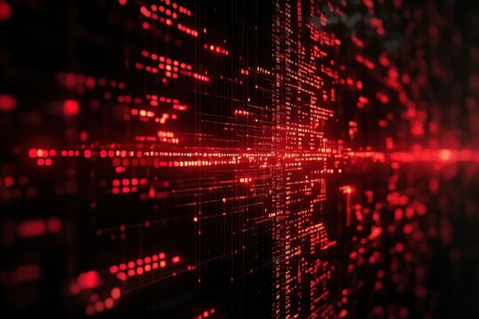 Abstract red matrix background with glowing dots and lines creating a complex network structure