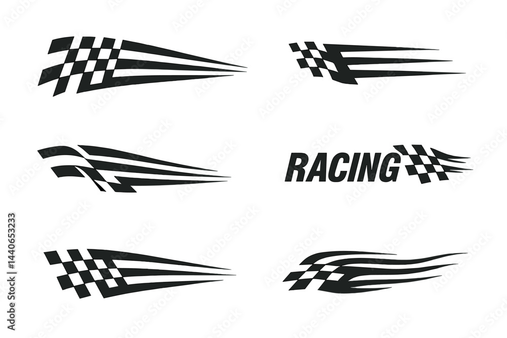 Poster dynamic racing stripes and checkered patterns conveying speed and movement in a monochrome design