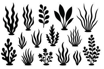 Multiple varieties of stylized aquatic plants featured in black silhouette design suitable for artistic projects © icon_art
