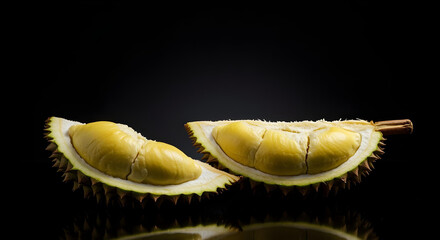 Naklejka premium Studio shot of multiple durians artistically arranged with rim lighting, creating sharp highlights and deep shadows against a matte black backdrop, glamorous premium branding style, ultra-realistic de