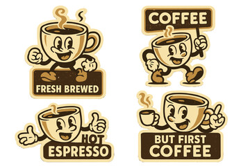 Collectible coffee-themed stickers featuring animated characters enjoying different brews during morning hours