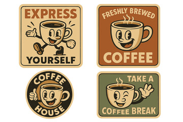 Vintage coffee signs depicting cheerful characters promoting coffee enjoyment and relaxation in a cozy atmosphere