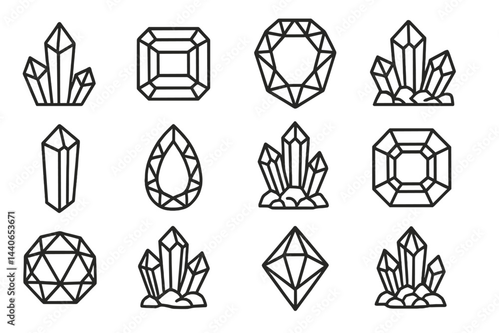 Aufkleber collection of geometric crystal designs arranged in a grid format showcasing various shapes and styl