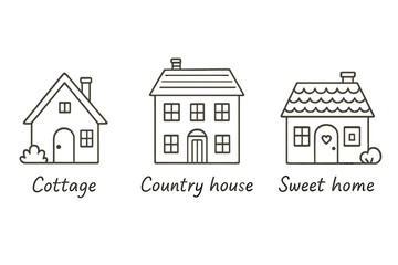 Different styles of houses showcasing cottage, country house, and sweet home designs in a simple graphic representation