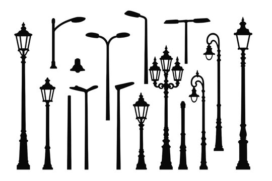 Collection of various street lamp silhouettes in black showcasing diverse designs and styles