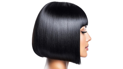 Fototapeta premium Profile View of a Woman with Sleek Black Bob Hairstyle Against Transparent Background