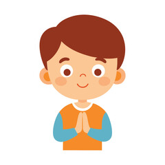 Smiling boy with hands in prayer position cartoon vector illustration