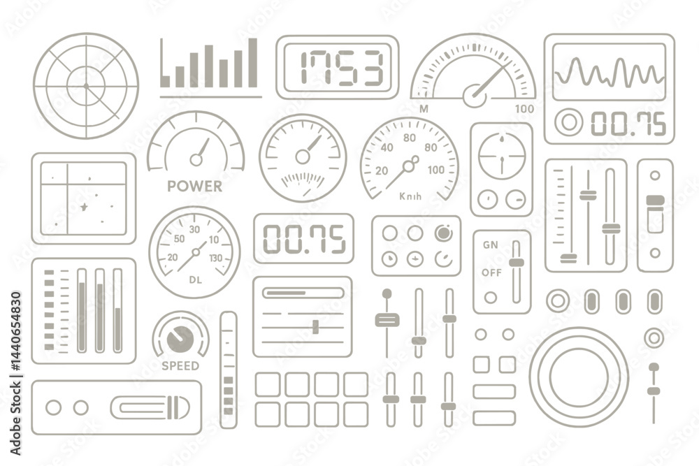Poster collection of digital dials, gauges, and indicators displayed in a grid layout for various monitorin