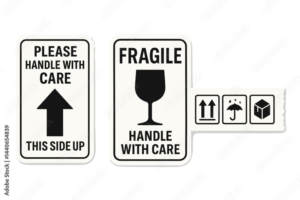 Aufkleber signs indicating fragile items and handling instructions for safe transport