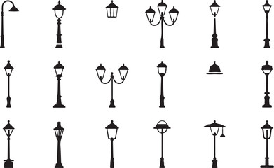 Street Lamp Silhouette Icons Collection in Black Vector Style for Urban, Lighting, and Public Design