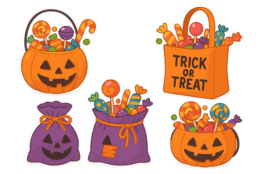 Colorful Halloween candy collection featuring pumpkin and trick or treat bags filled with sweets