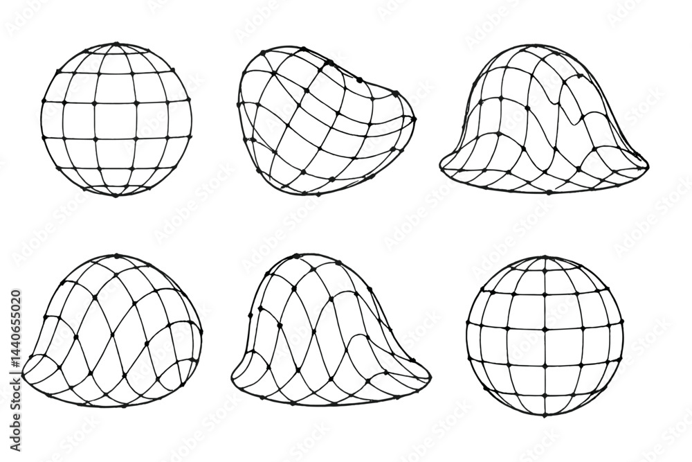 Poster exploration of geometric forms through wireframe representations of various 3d shapes including sphe