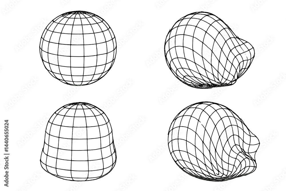 Poster wireframe models of various geometric shapes demonstrating different forms and structures in a techn