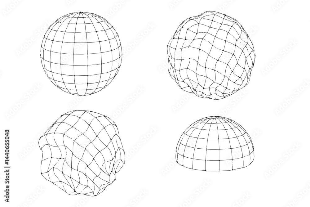 Poster 3d wireframe models showing different shapes including a sphere and irregular forms in a digital des