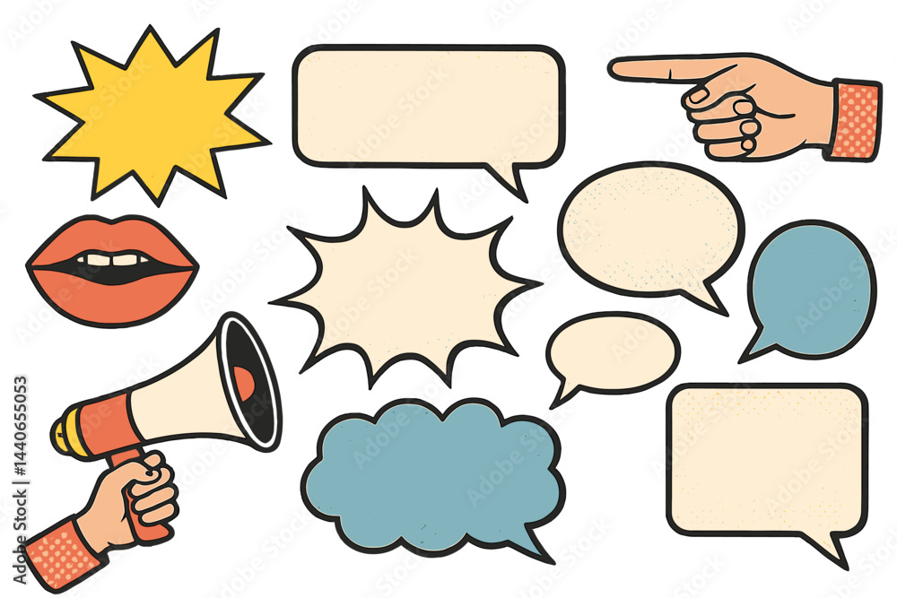 Poster dynamic speech bubbles and icons illustrating conversation and expression in a creative design