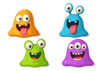 Colorful cartoon monsters with happy expressions playfully interacting in a fun design