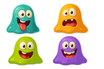 Colorful cartoon monsters with different expressions displaying joy and surprise in a playful design