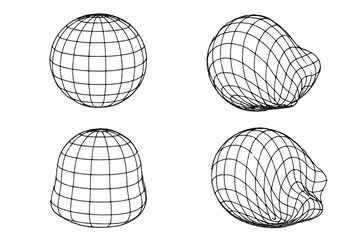 Wireframe models of various geometric shapes demonstrating different forms and structures in a technical design setting
