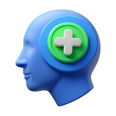 Obraz premium A stylized blue head profile displays a green plus sign on its temple, perfect for mental health, wellness, or medical care advertising.
