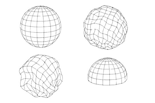3D wireframe models showing different shapes including a sphere and irregular forms in a digital design setting
