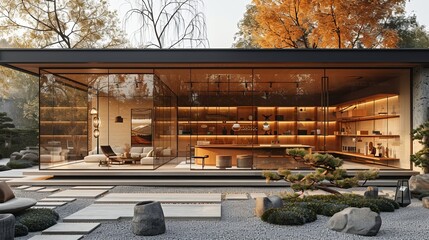 Contemporary shopfront with wide glass windows and a minimalist interior space, surrounded by light landscaping 