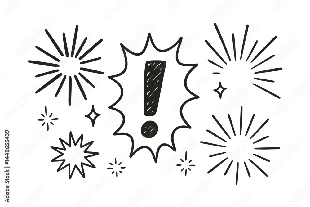Poster bold exclamation mark with starbursts creating a dynamic and energetic design for emphasis in creati