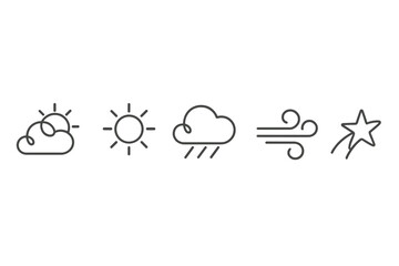 Weather icons representing various conditions including sunny, cloudy, rainy, windy, and starry night