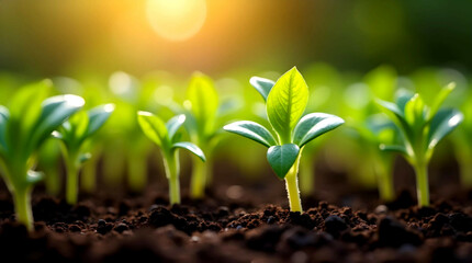 Young plant sprouts growing under sunlight. Concept of nature's renewal and sustainable growth.