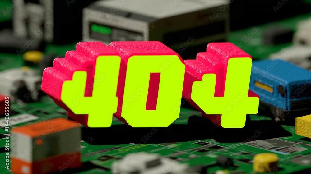 Poster neon 404 error sign on computer circuit board