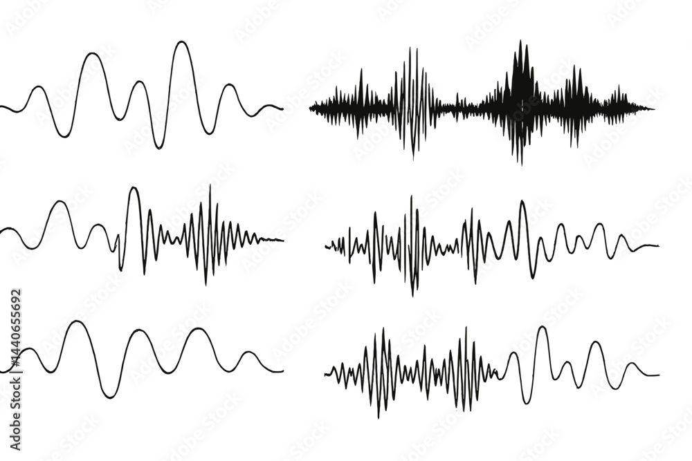 Poster various sound wave patterns displayed in black lines illustrating different audio frequencies and am
